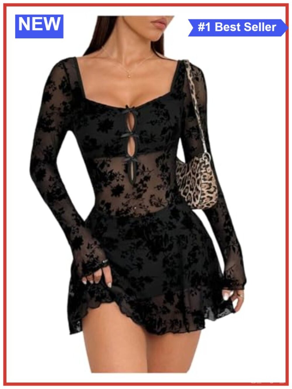 Lace Cut Out Mini Dress Long Sleeve Sweetheart Neck Backless